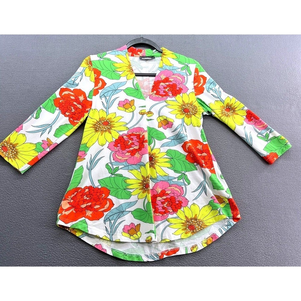 Alembika Tunic Top Womens 2 Floral V-Neck 3/4 Sleeve Multi-Color Cotton Blend